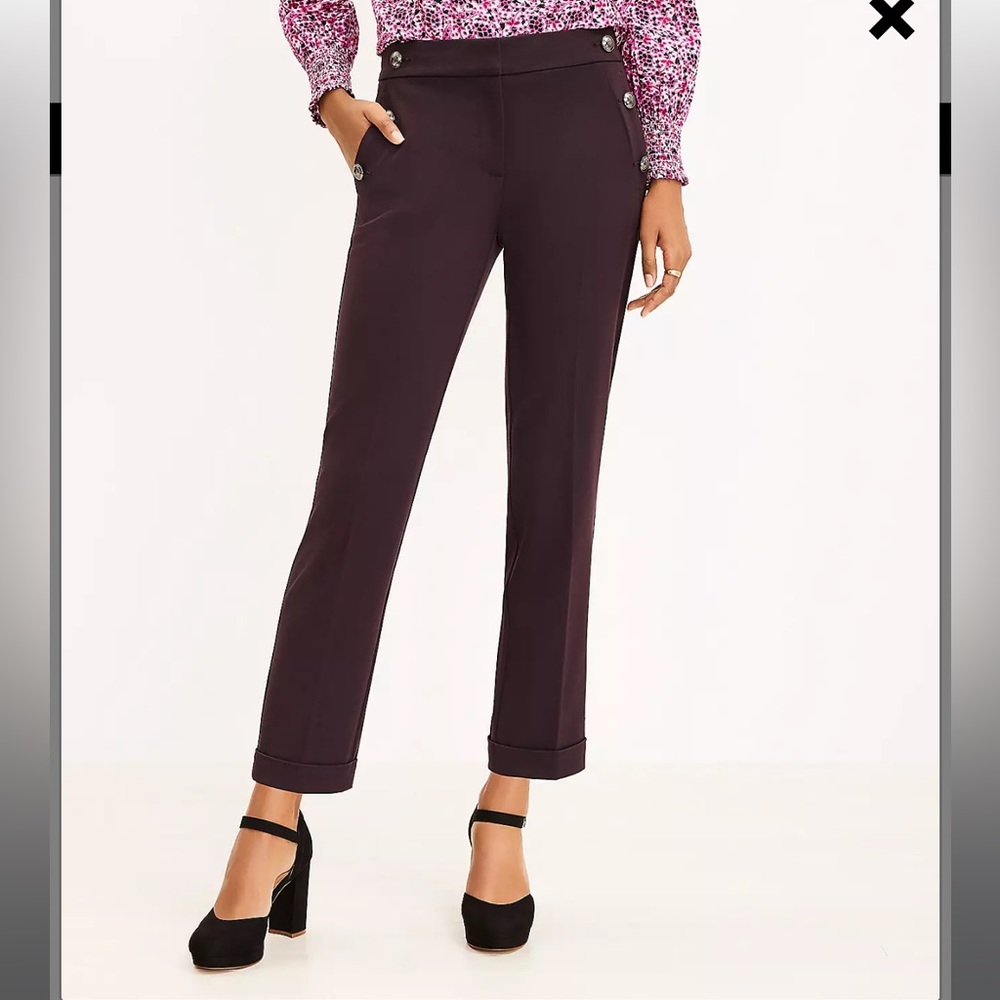 Straight Leg Button-Accent Pants in Deep Plum